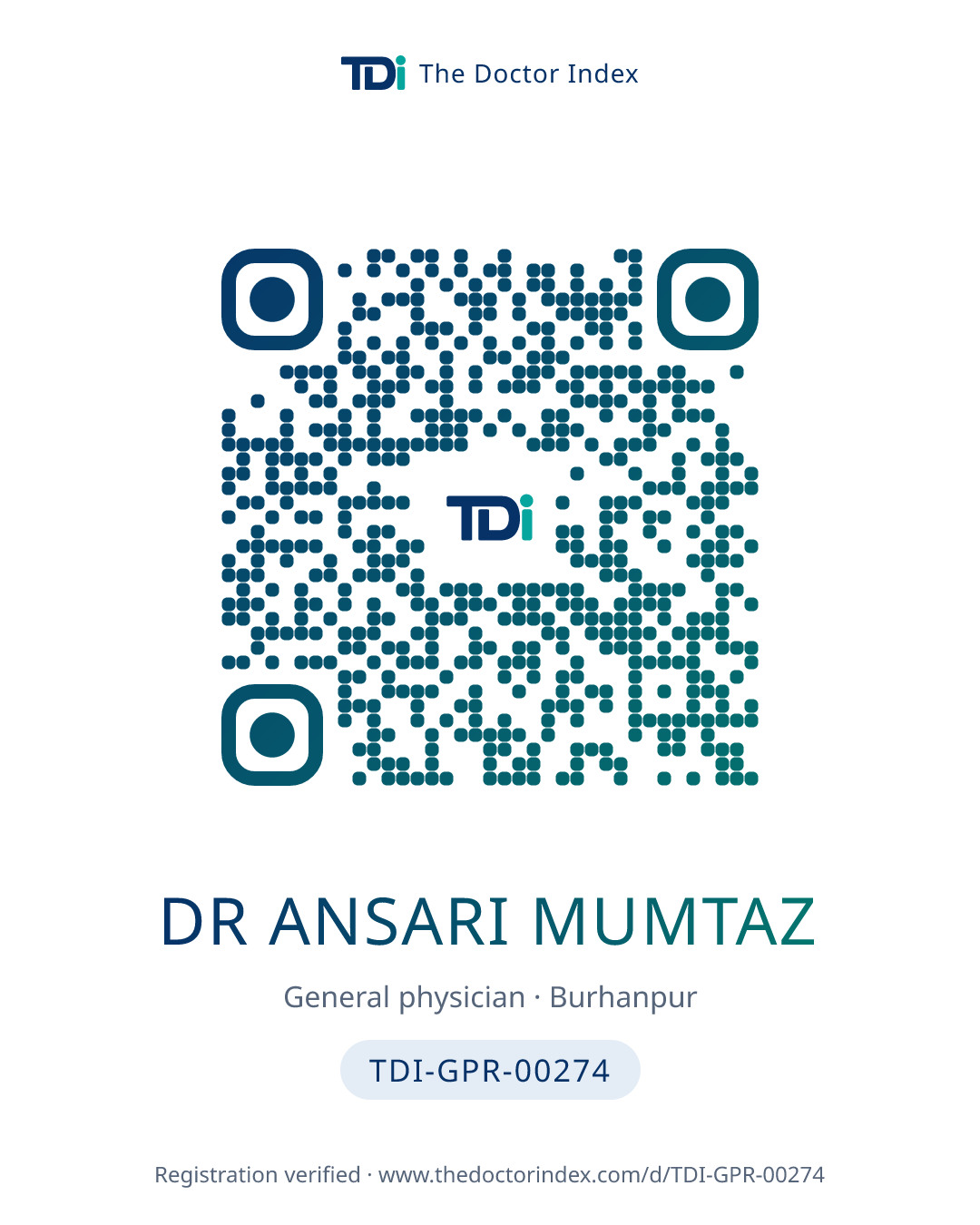 QR card for Dr Ansari Mumtaz, TDI-GPR-00274