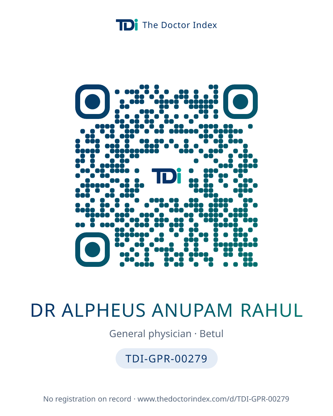QR card for Dr Alpheus Anupam Rahul, TDI-GPR-00279