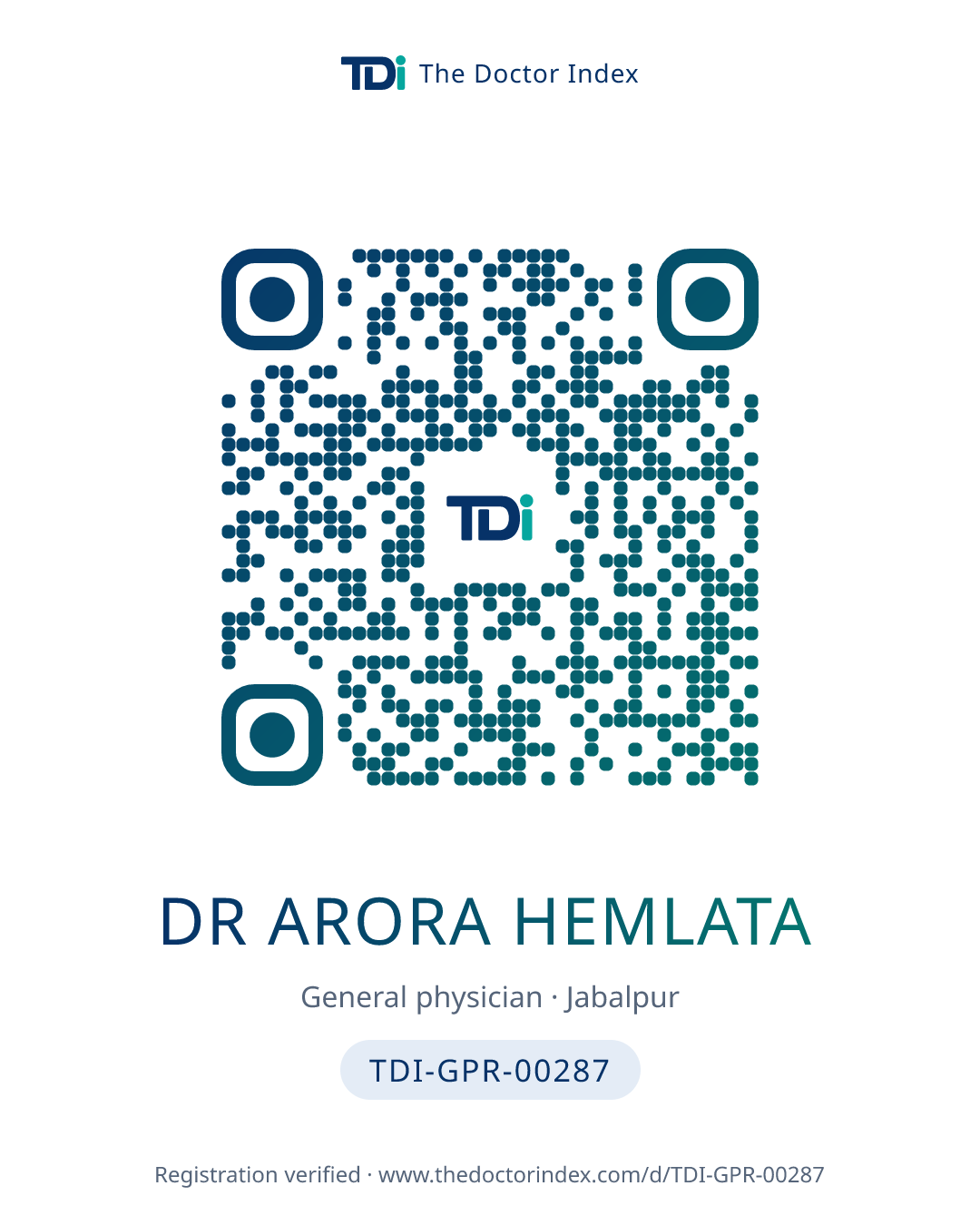QR card for Dr Arora Hemlata, TDI-GPR-00287