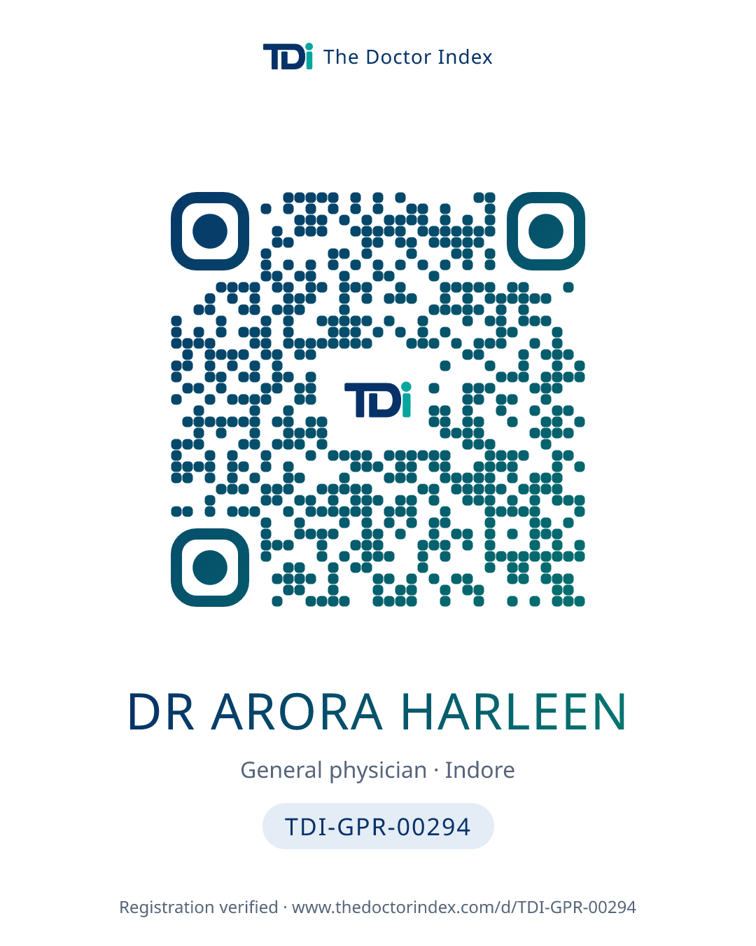 QR card for Dr Arora Harleen, TDI-GPR-00294