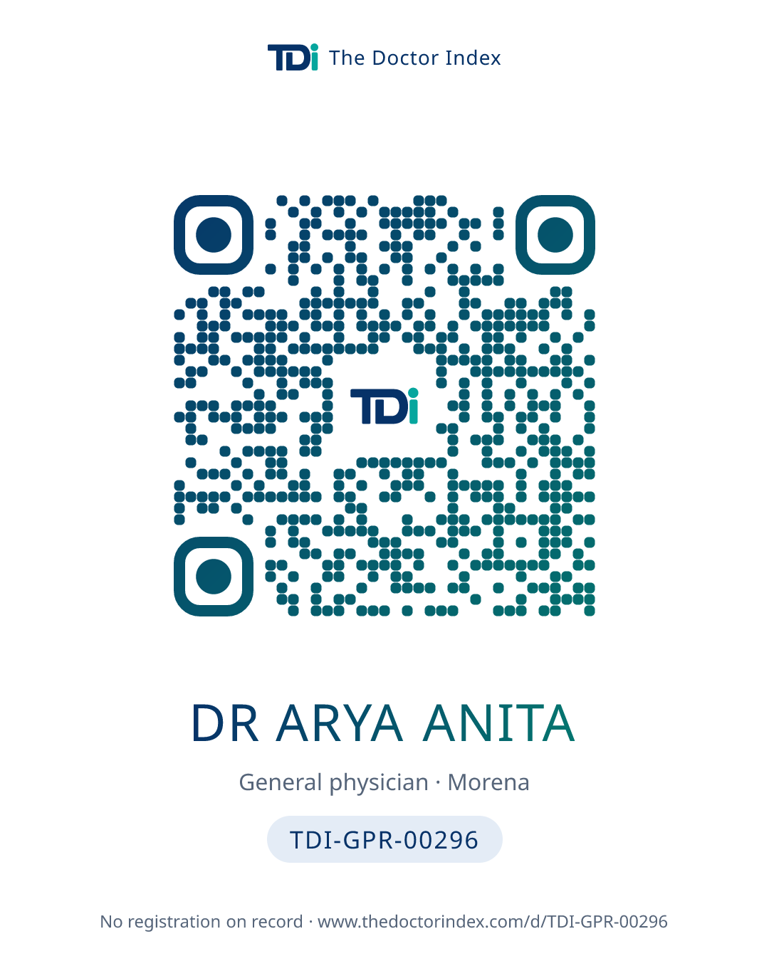 QR card for Dr Arya Anita, TDI-GPR-00296