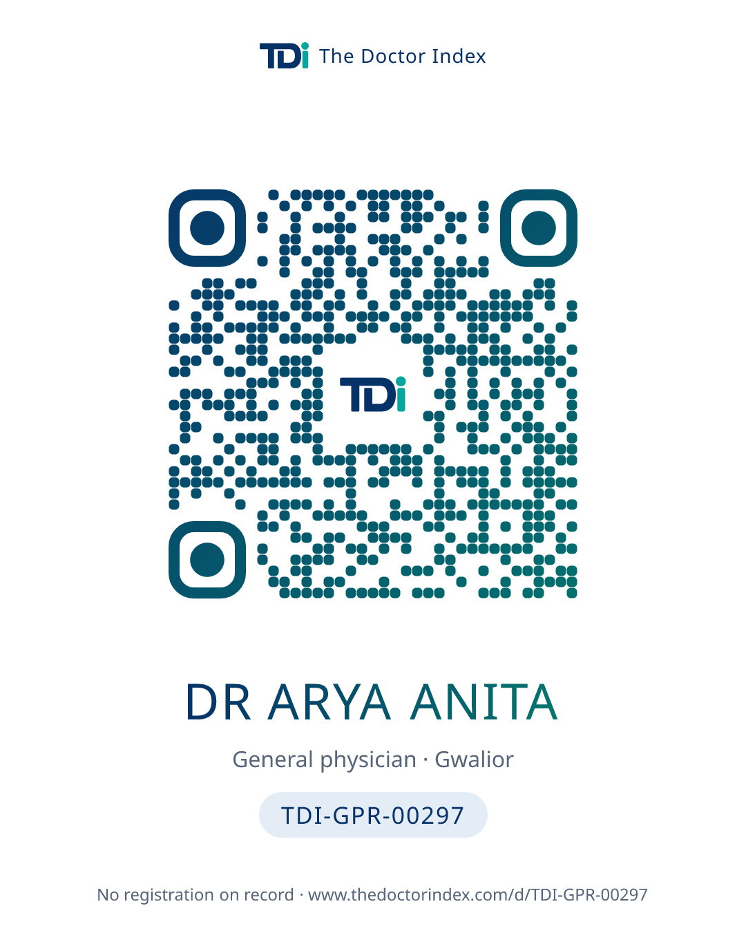 QR card for Dr Arya Anita, TDI-GPR-00297