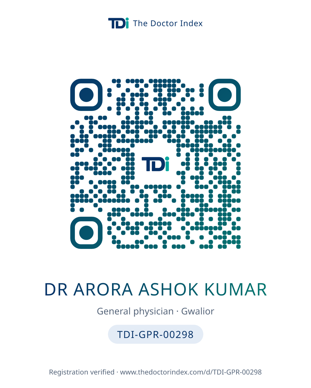 QR card for Dr Arora Ashok Kumar, TDI-GPR-00298
