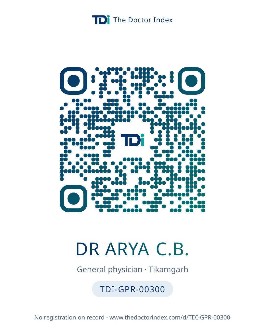 QR card for Dr Arya C.B., TDI-GPR-00300