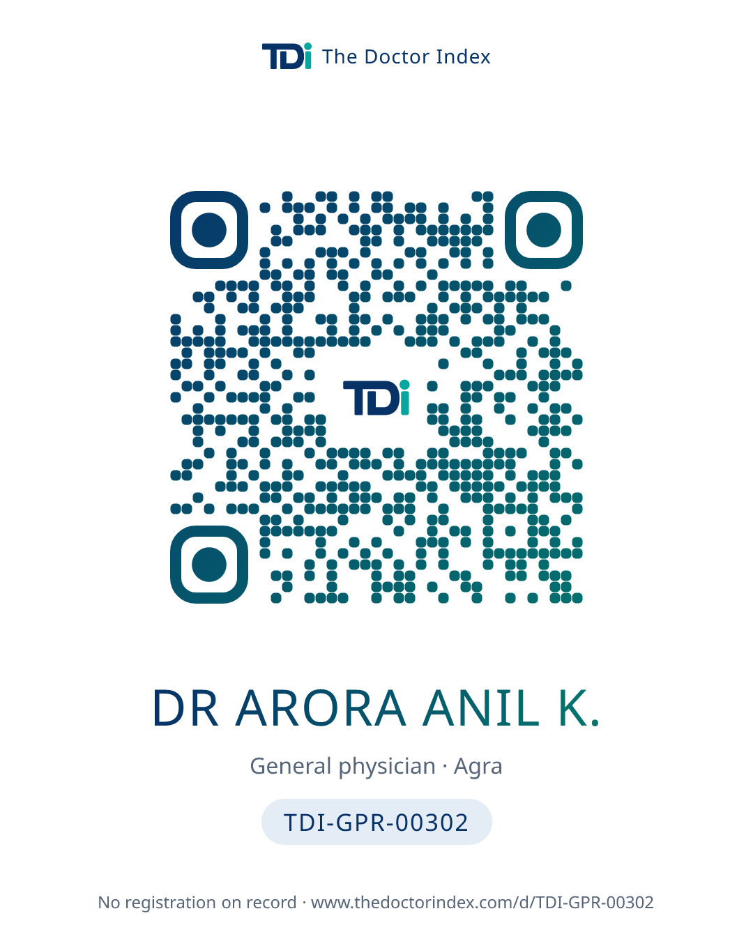 QR card for Dr Arora Anil K., TDI-GPR-00302