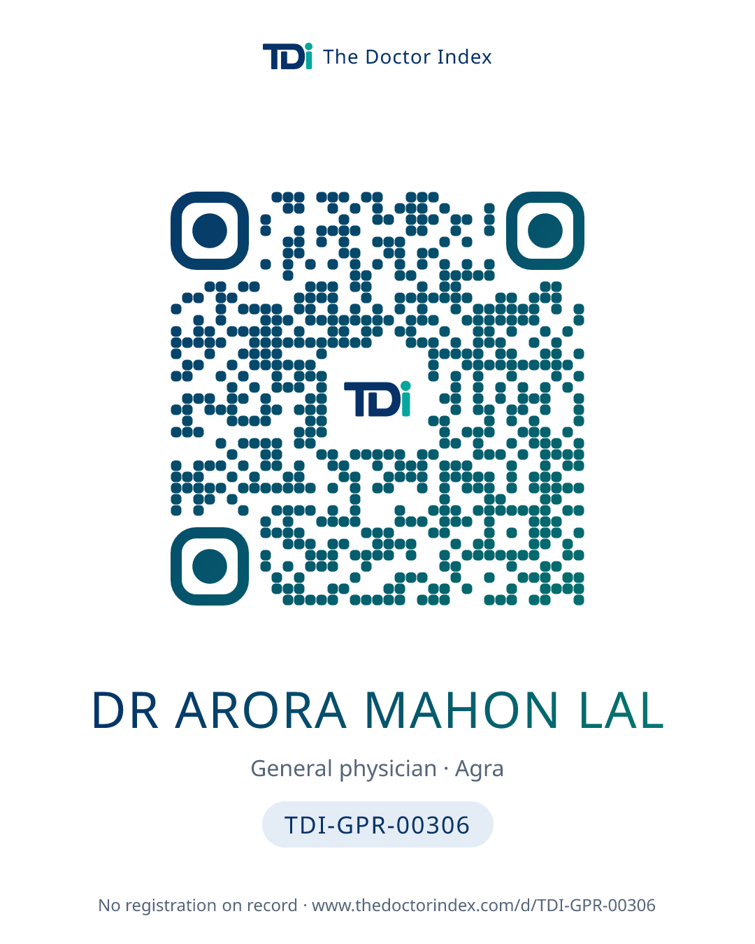 QR card for Dr Arora Mahon Lal, TDI-GPR-00306