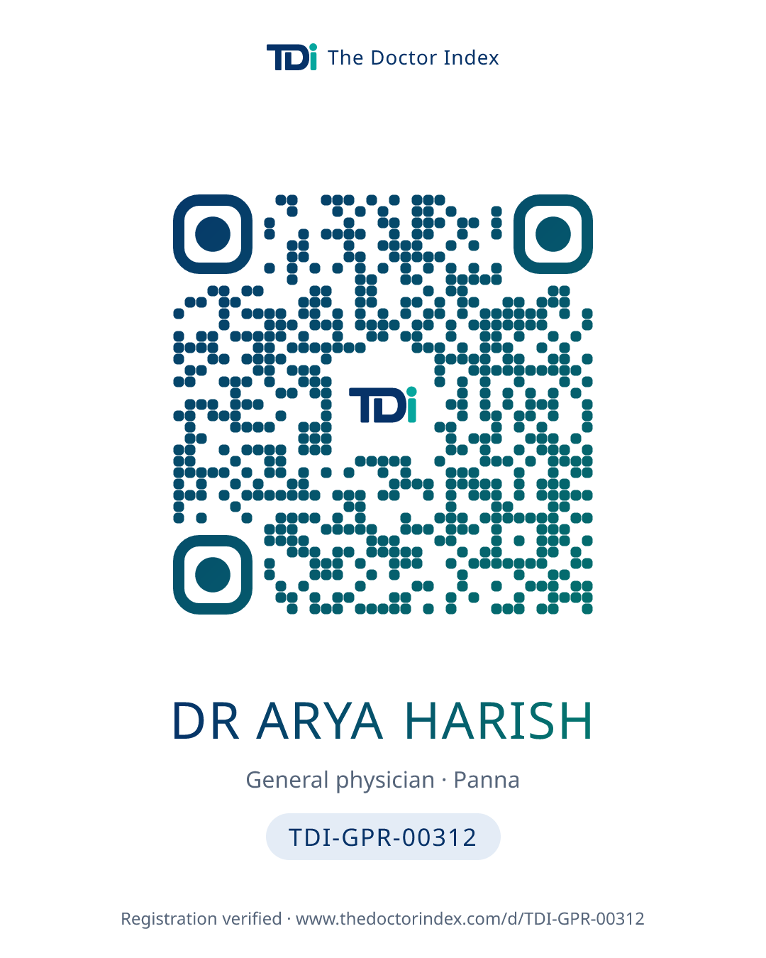 QR card for Dr Arya Harish, TDI-GPR-00312