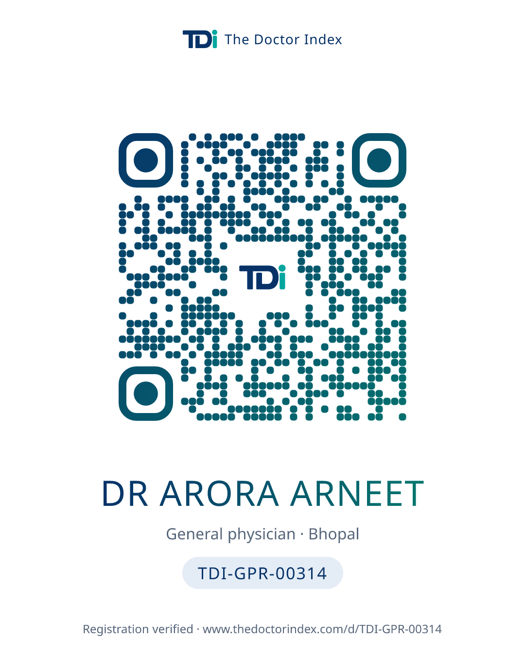 QR card for Dr Arora Arneet, TDI-GPR-00314
