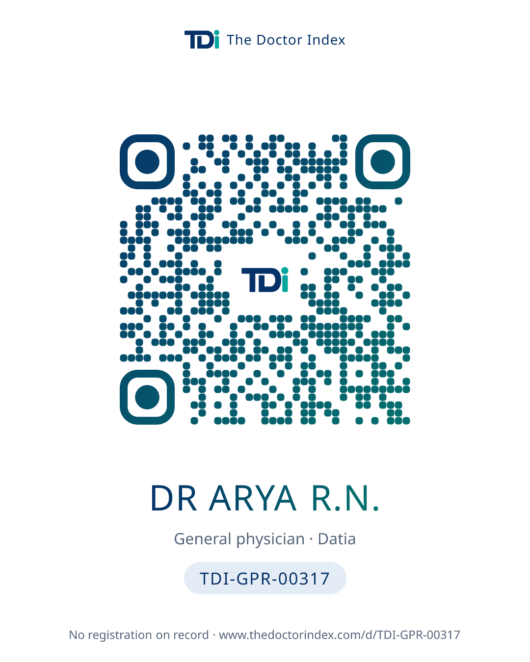 QR card for Dr Arya R.N., TDI-GPR-00317