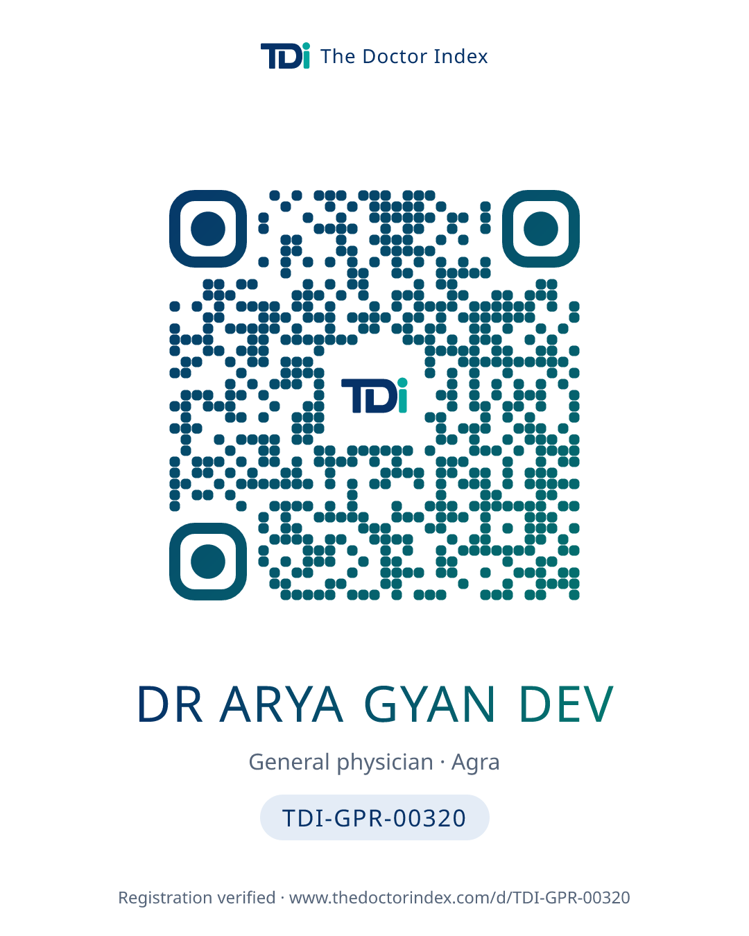 QR card for Dr Arya Gyan Dev, TDI-GPR-00320