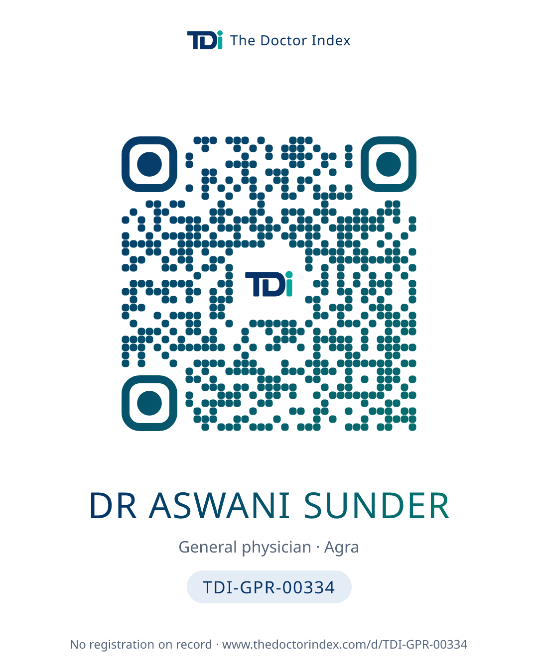 QR card for Dr Aswani Sunder, TDI-GPR-00334