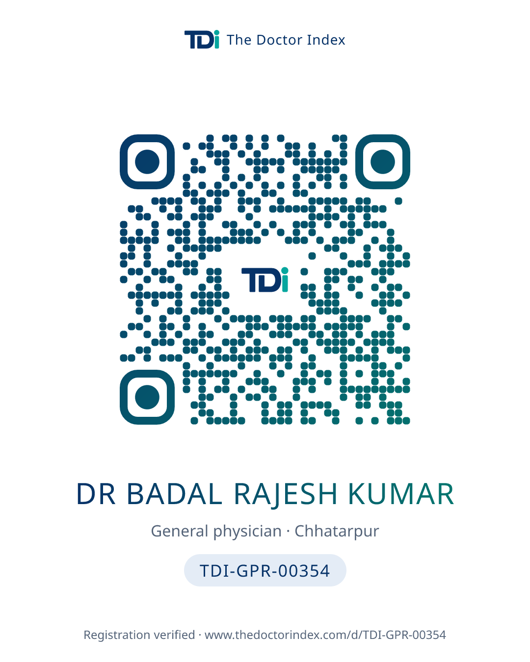 QR card for Dr Badal Rajesh Kumar, TDI-GPR-00354