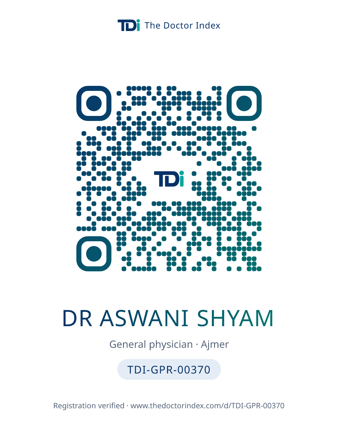 QR card for Dr Aswani Shyam, TDI-GPR-00370