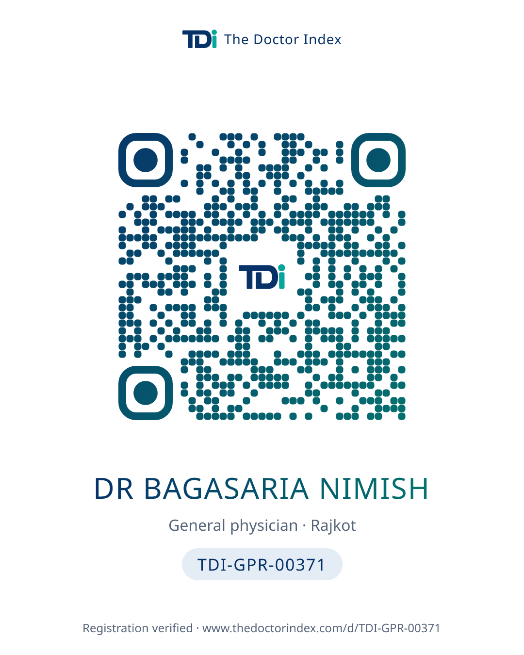 QR card for Dr Bagasaria Nimish, TDI-GPR-00371