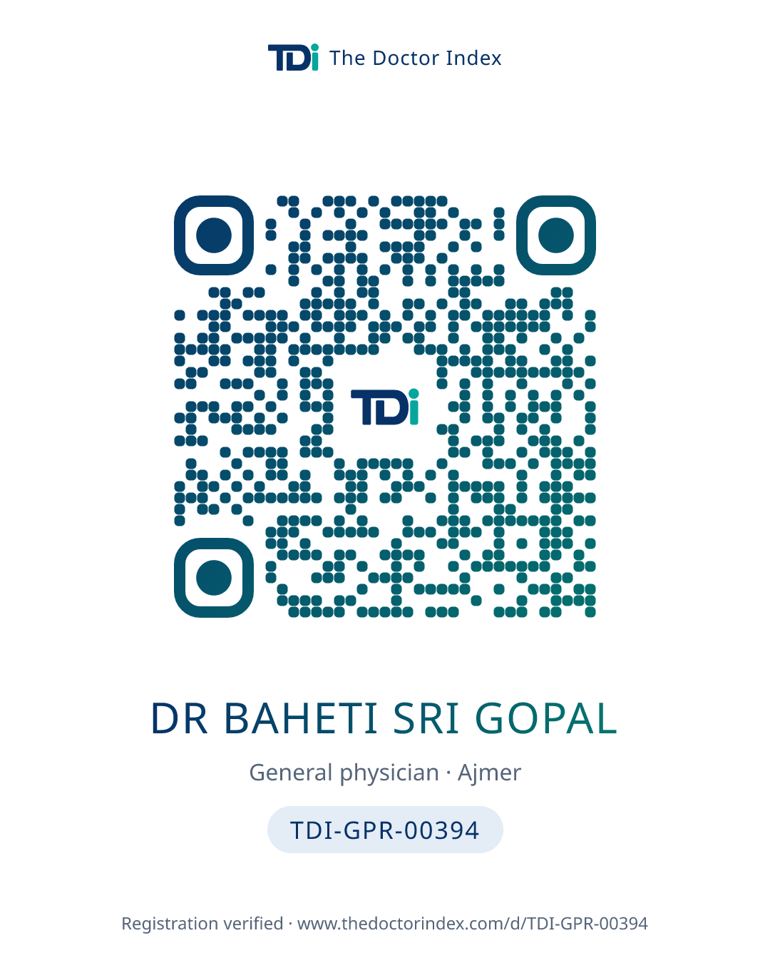 QR card for Dr Baheti Sri Gopal, TDI-GPR-00394