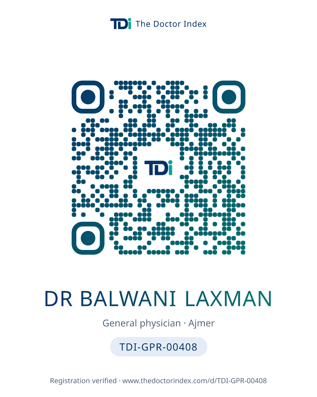 QR card for Dr Balwani Laxman, TDI-GPR-00408