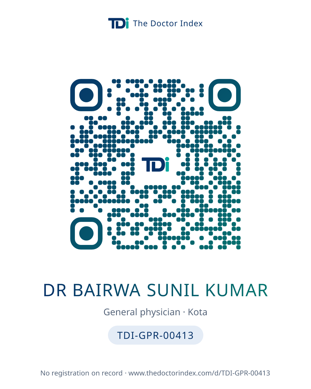 QR card for Dr Bairwa Sunil Kumar, TDI-GPR-00413