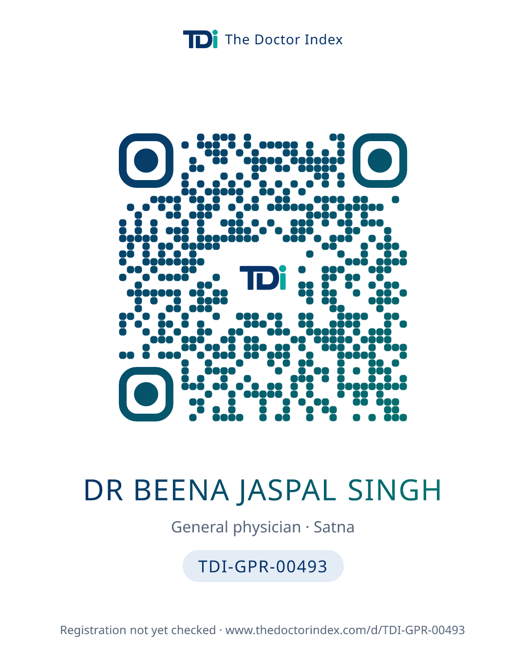 QR card for Dr Beena Jaspal Singh, TDI-GPR-00493