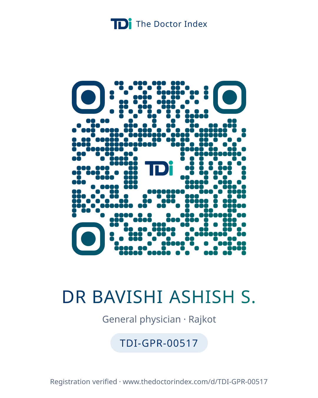 QR card for Dr Bavishi Ashish S., TDI-GPR-00517