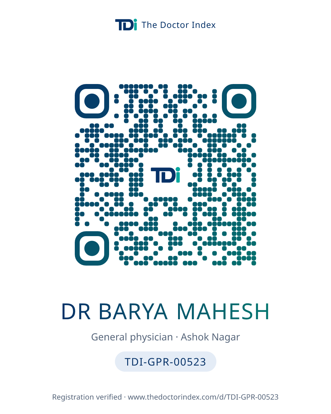 QR card for Dr Barya Mahesh, TDI-GPR-00523