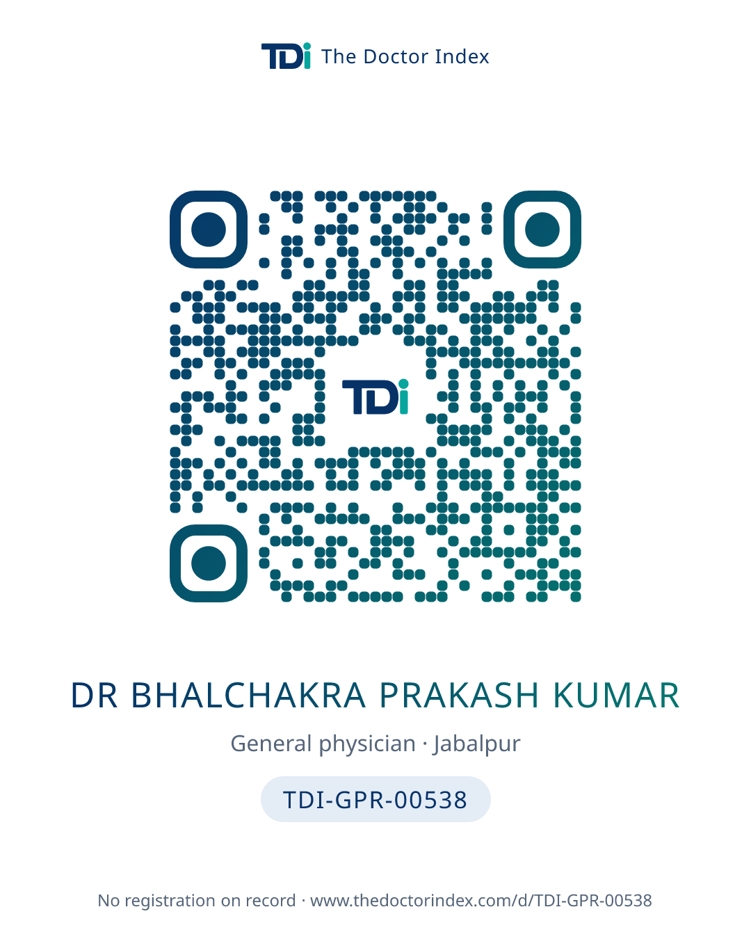 QR card for Dr Bhalchakra Prakash Kumar, TDI-GPR-00538
