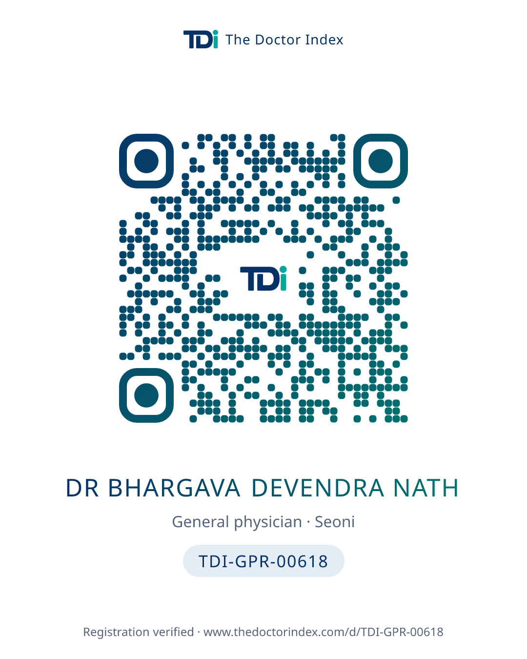 QR card for Dr Bhargava Devendra Nath, TDI-GPR-00618