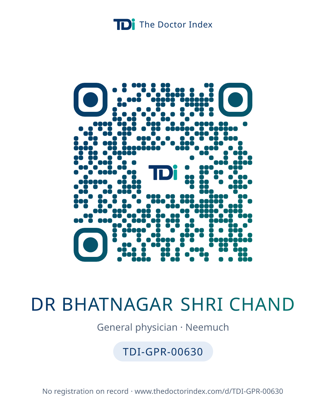 QR card for Dr Bhatnagar Shri Chand, TDI-GPR-00630