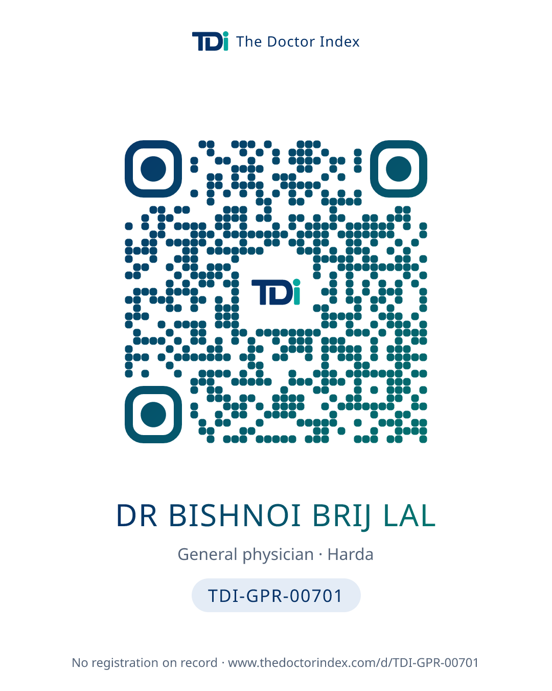 QR card for Dr Bishnoi Brij Lal, TDI-GPR-00701