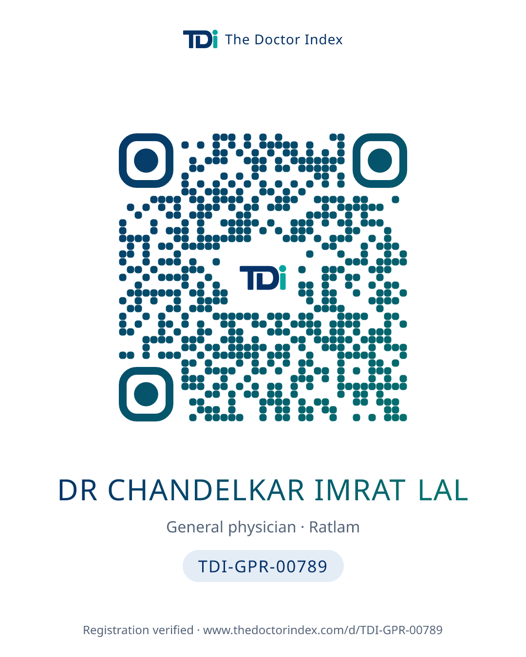 QR card for Dr Chandelkar Imrat Lal, TDI-GPR-00789