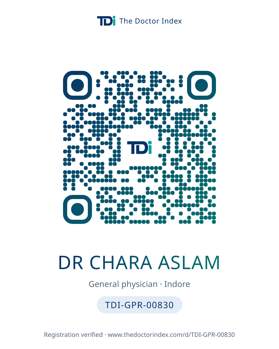 QR card for Dr Chara Aslam, TDI-GPR-00830