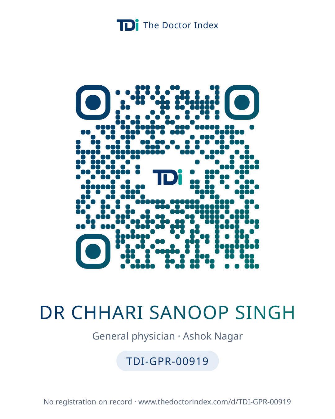 QR card for Dr Chhari Sanoop Singh, TDI-GPR-00919