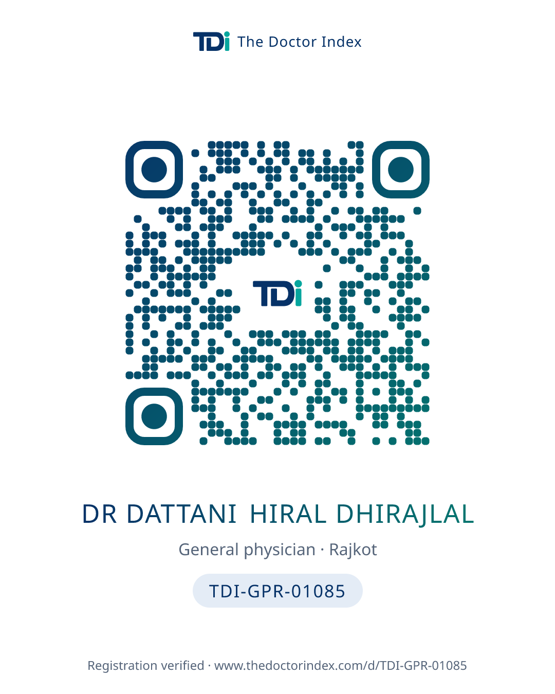QR card for Dr Dattani Hiral Dhirajlal, TDI-GPR-01085