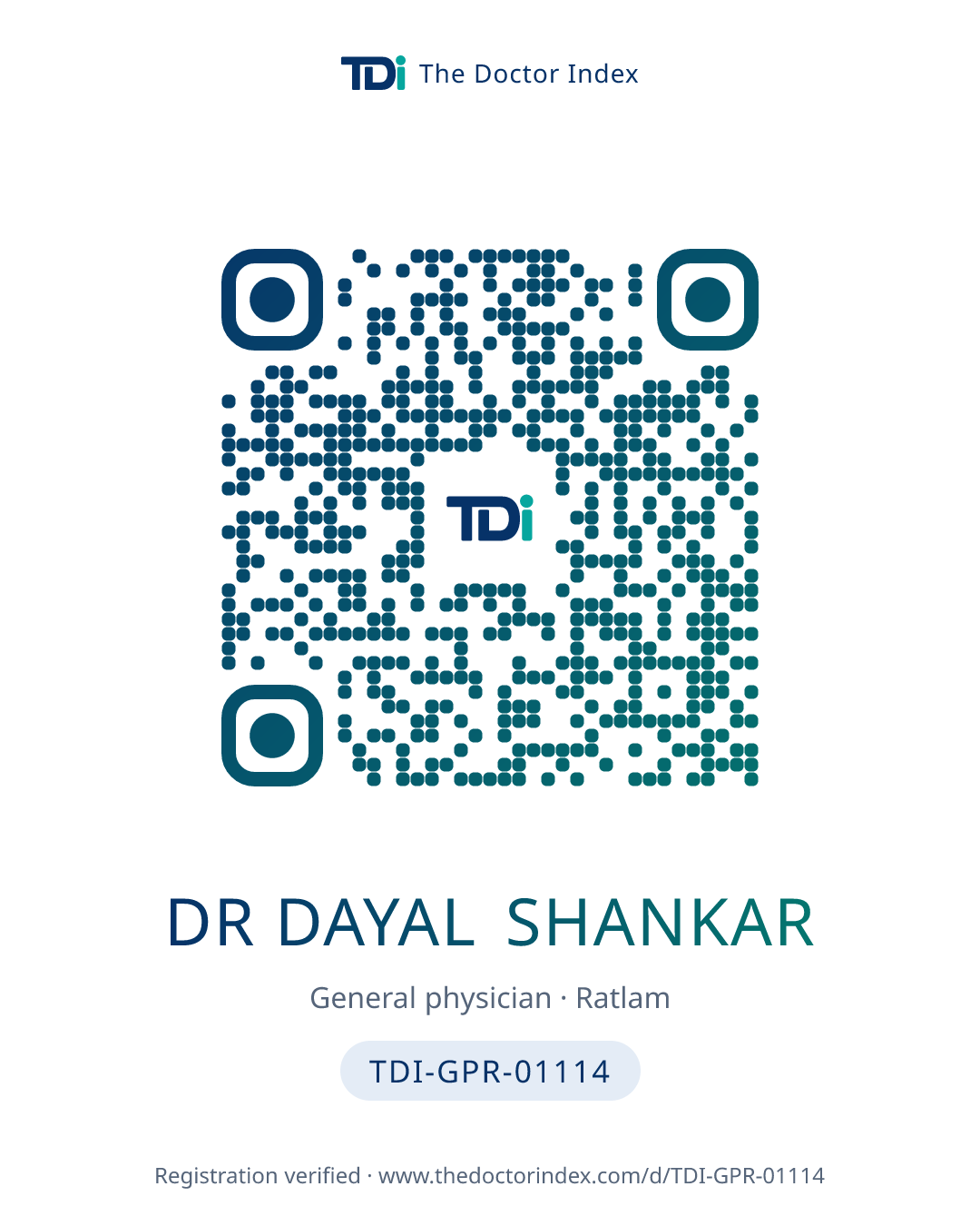 QR card for Dr Dayal Shankar, TDI-GPR-01114