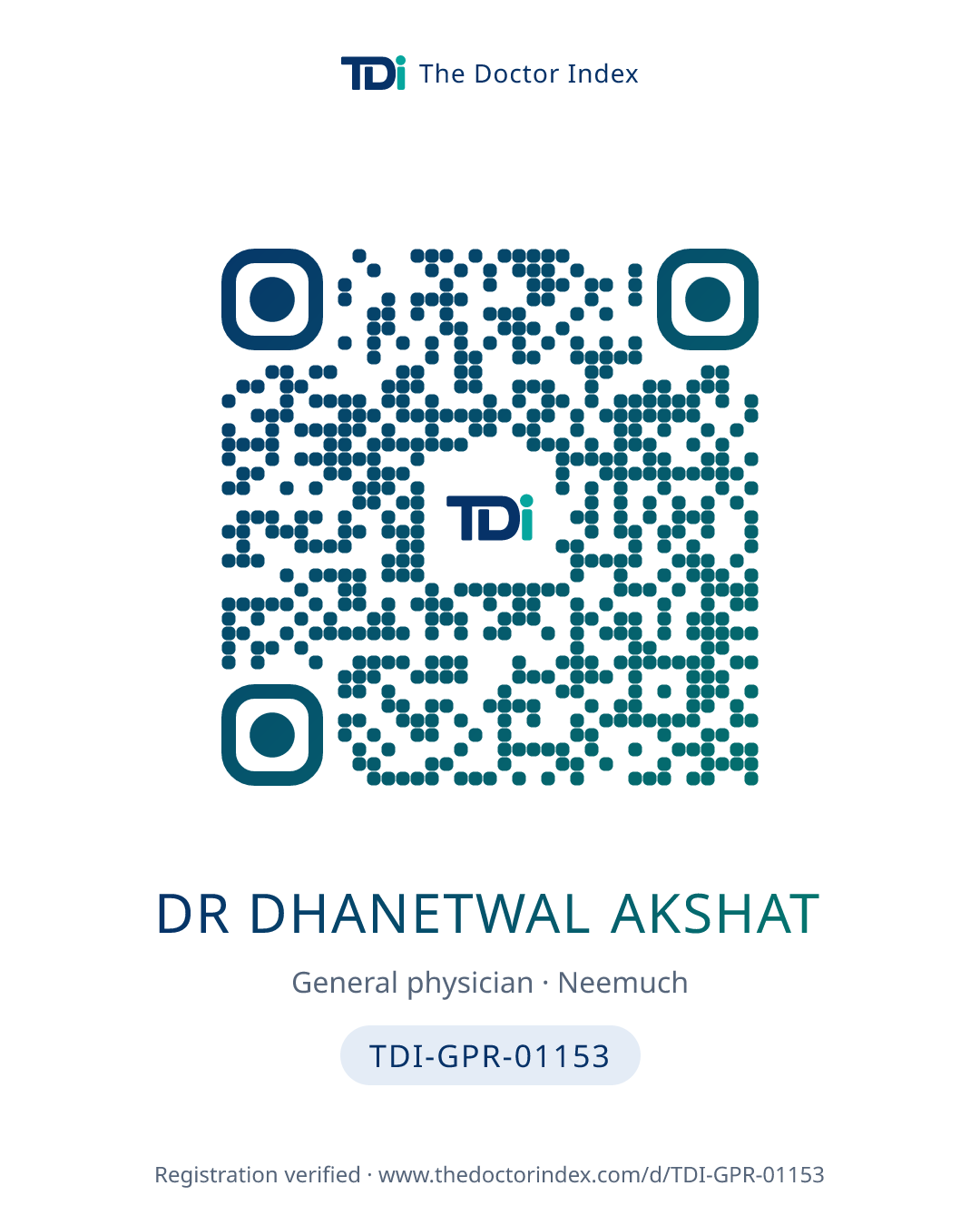 QR card for Dr Dhanetwal Akshat, TDI-GPR-01153