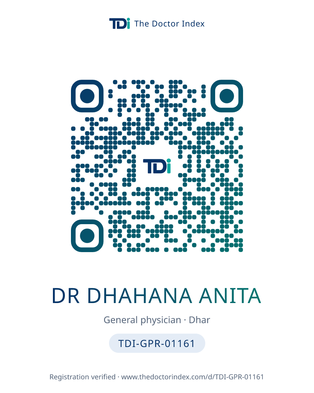 QR card for Dr Dhahana Anita, TDI-GPR-01161