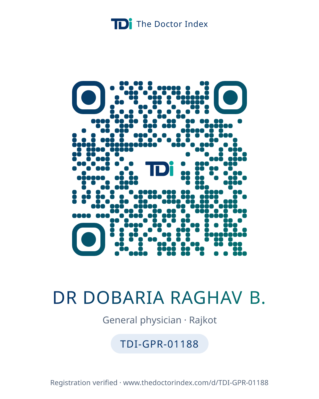 QR card for Dr Dobaria Raghav B., TDI-GPR-01188