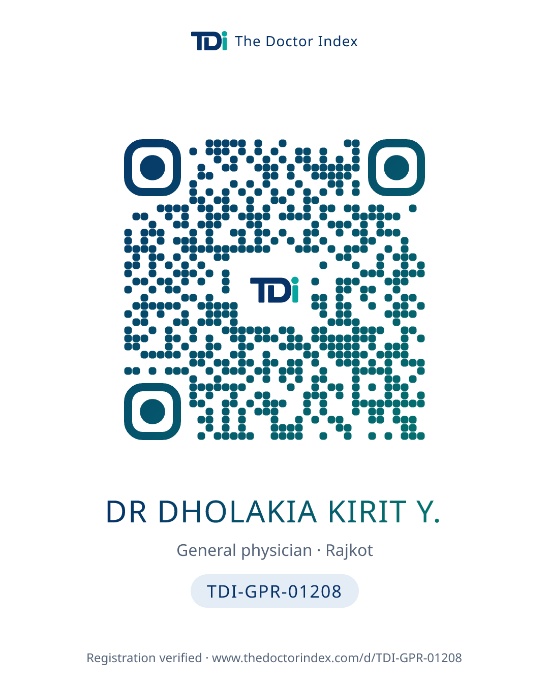 QR card for Dr Dholakia Kirit Y., TDI-GPR-01208
