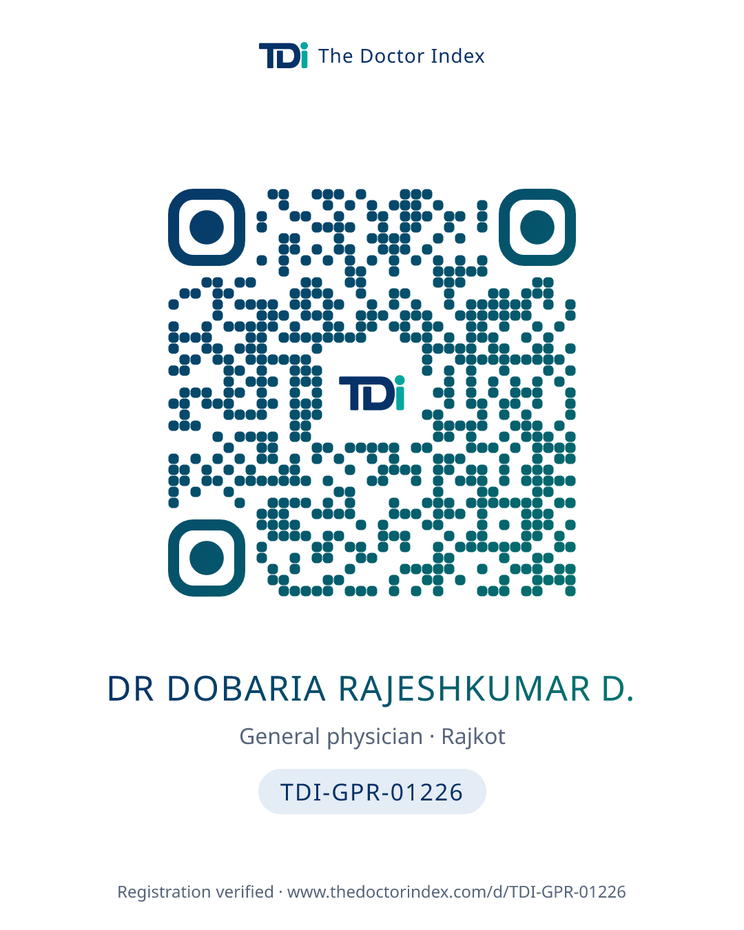 QR card for Dr Dobaria Rajeshkumar D., TDI-GPR-01226