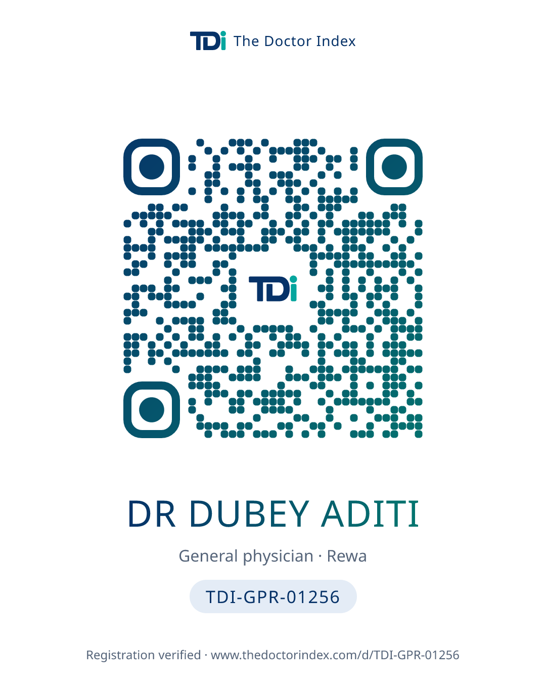 QR card for Dr Dubey Aditi, TDI-GPR-01256