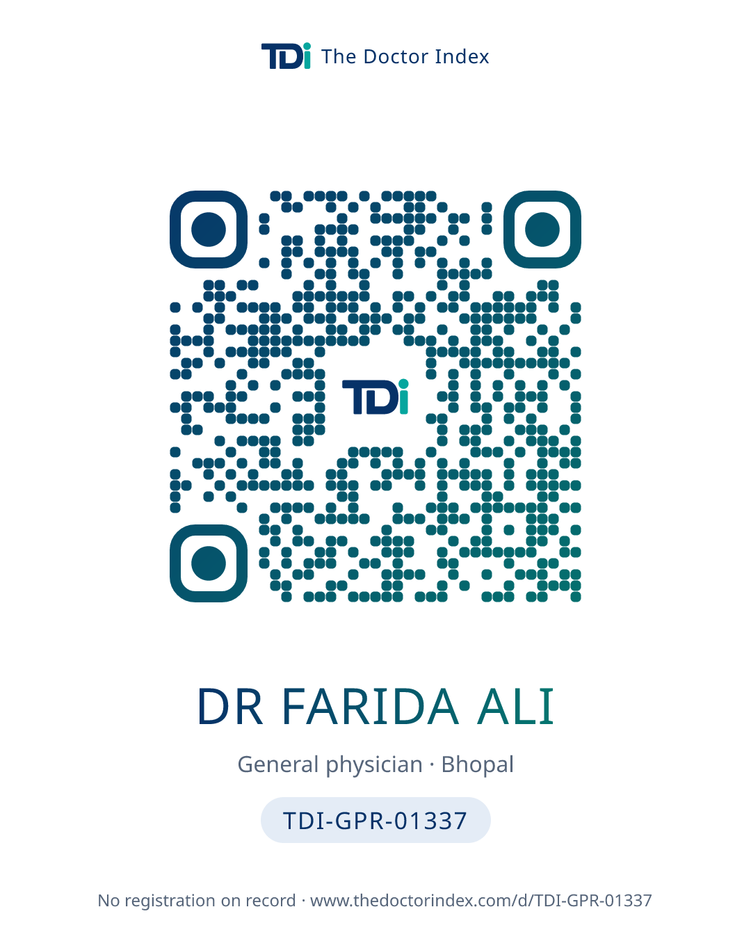 QR card for Dr Farida Ali, TDI-GPR-01337