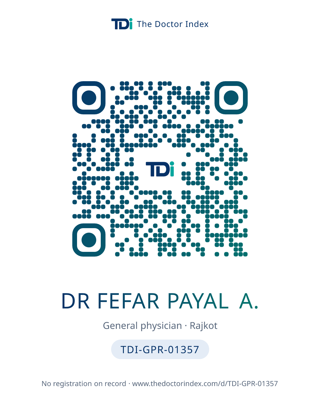 QR card for Dr Fefar Payal A., TDI-GPR-01357