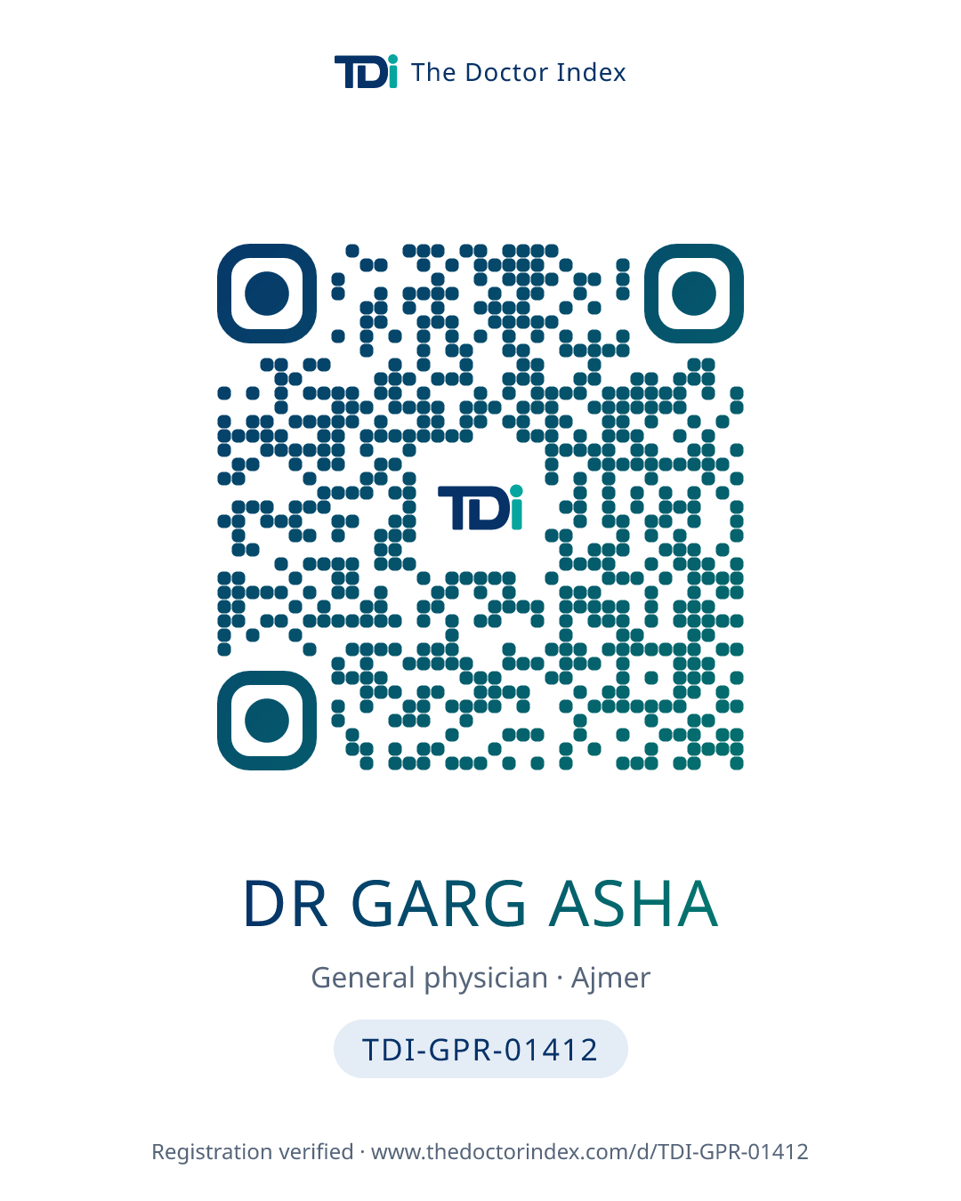 QR card for Dr Garg Asha, TDI-GPR-01412