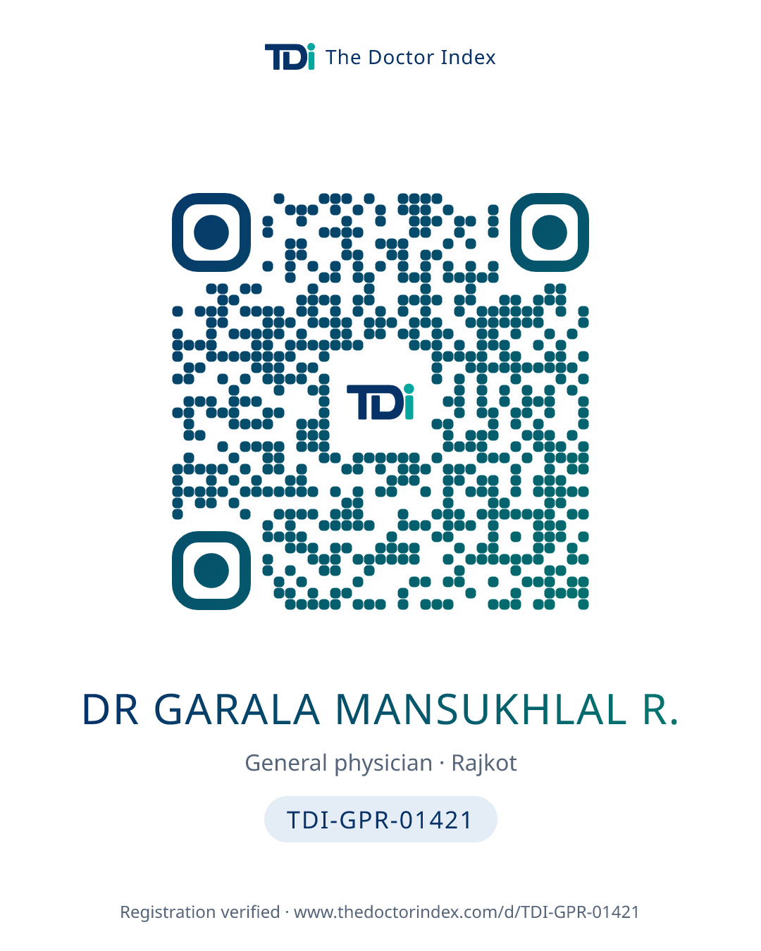 QR card for Dr Garala Mansukhlal R., TDI-GPR-01421