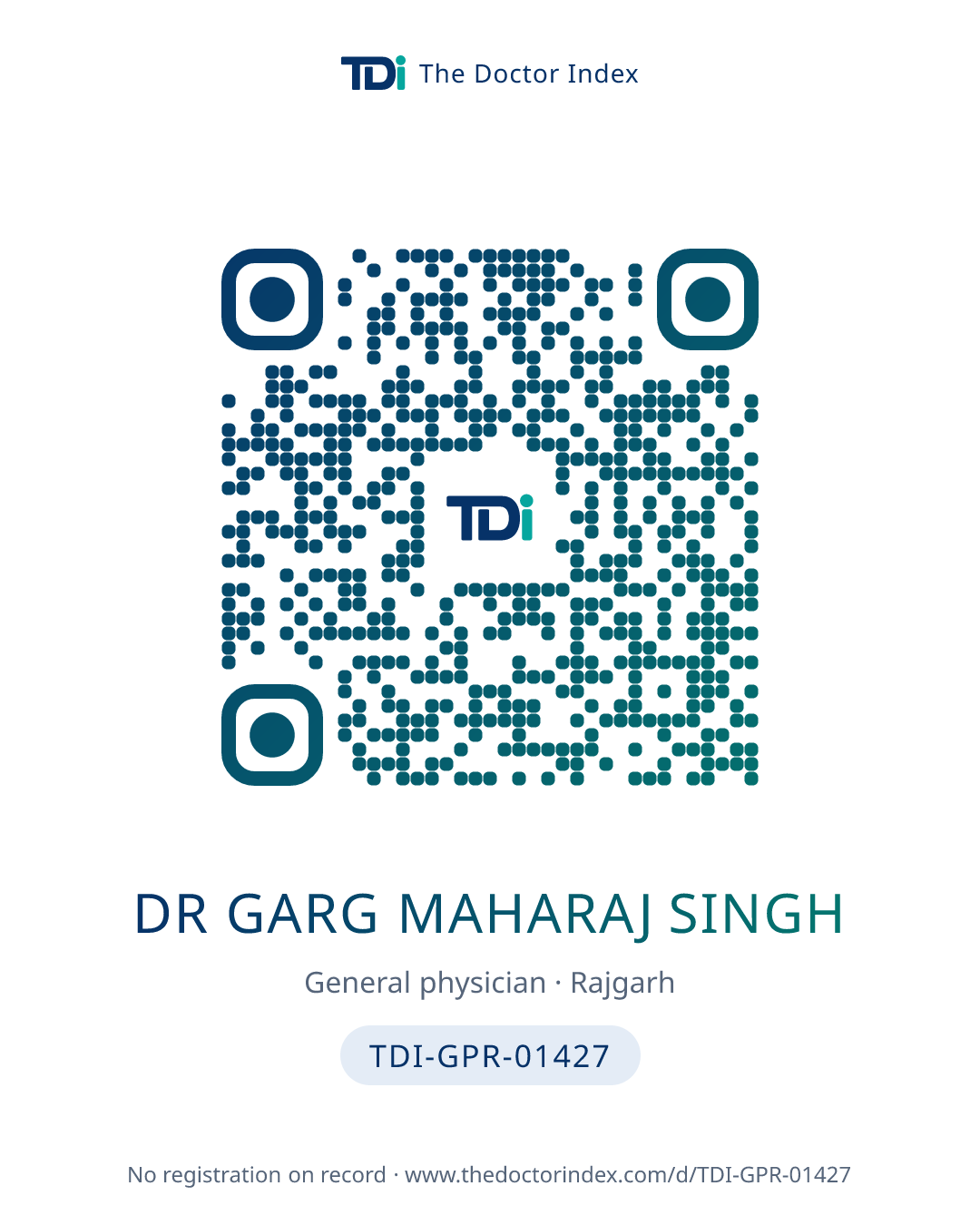 QR card for Dr Garg Maharaj Singh, TDI-GPR-01427