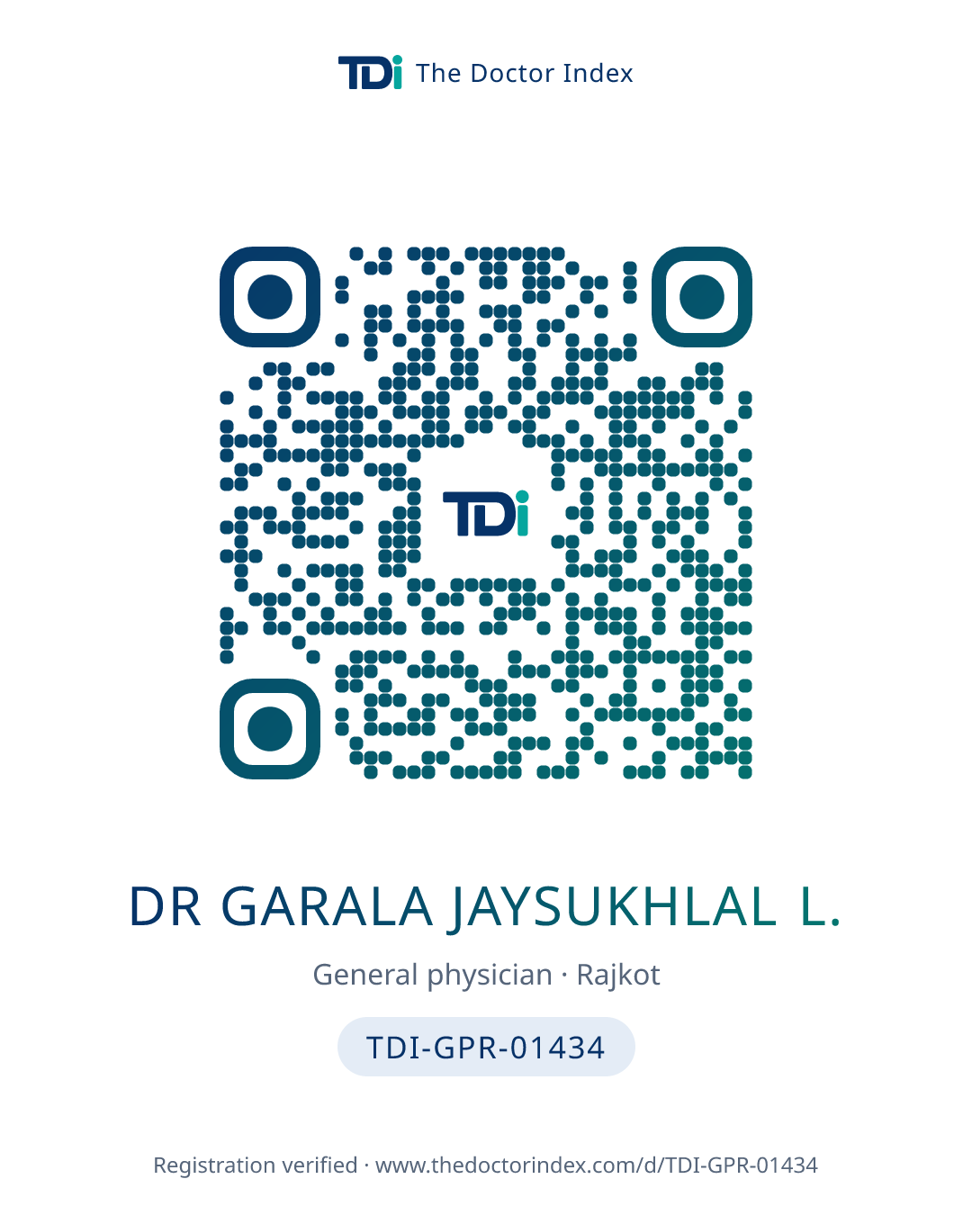 QR card for Dr Garala Jaysukhlal L., TDI-GPR-01434