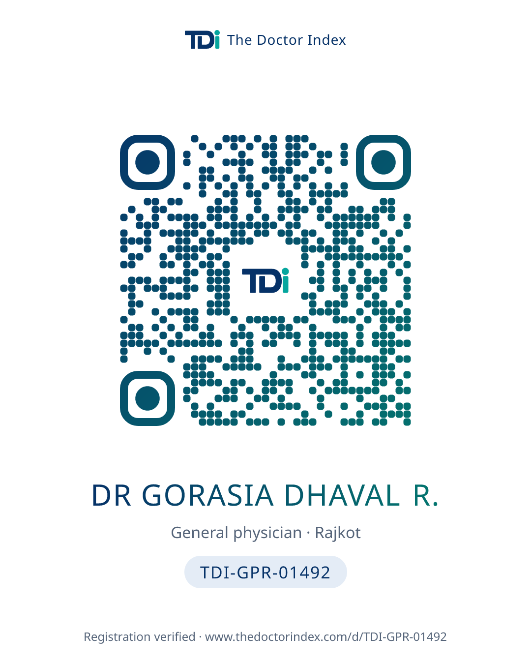 QR card for Dr Gorasia Dhaval R., TDI-GPR-01492
