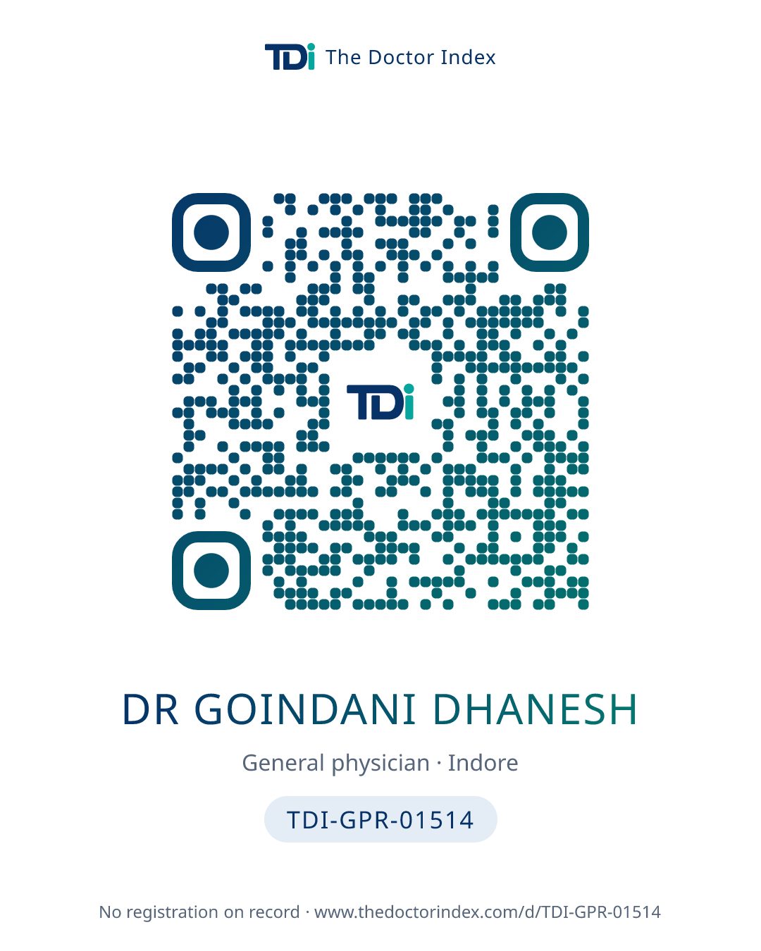 QR card for Dr Goindani Dhanesh, TDI-GPR-01514