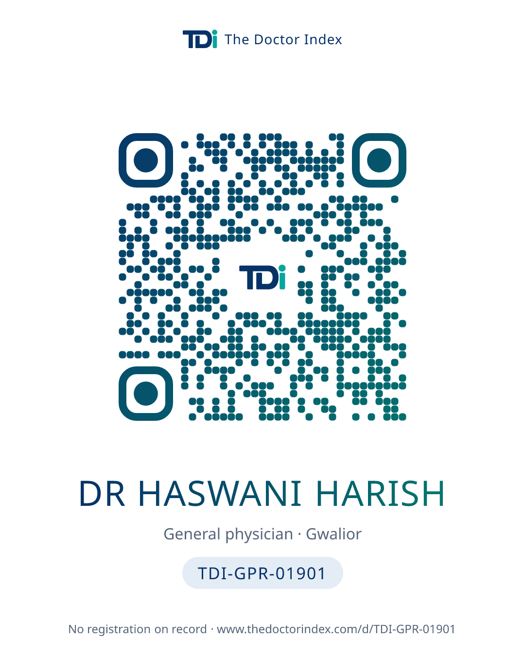 QR card for Dr Haswani Harish, TDI-GPR-01901