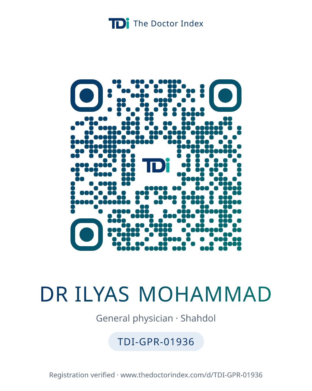 QR card for Dr Ilyas Mohammad, TDI-GPR-01936