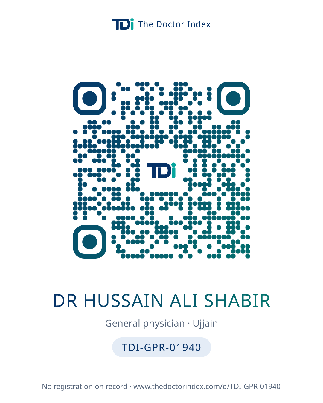 QR card for Dr Hussain Ali Shabir, TDI-GPR-01940